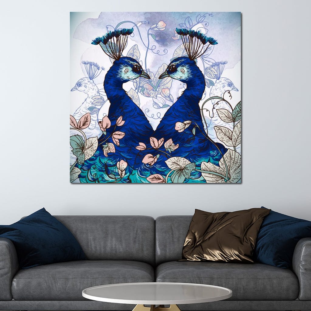 Blue Floral Peacocks Canvas Wall Art