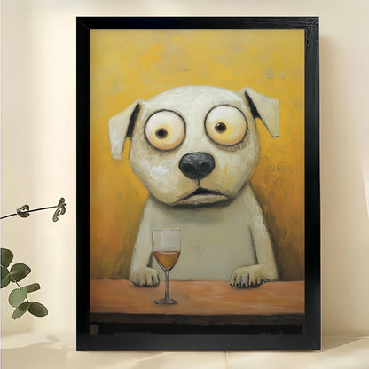 Sad Eyed Dog Bar – Whimsical Lonely Pet Wall Art on Natural Wood Canvas