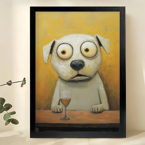 Sad Eyed Dog Bar – Whimsical Lonely Pet Wall Art on Natural Wood Canvas