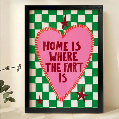 Home is Where the Fart Is – Humorous Retro Heart Wall Art on Natural Wood Canvas