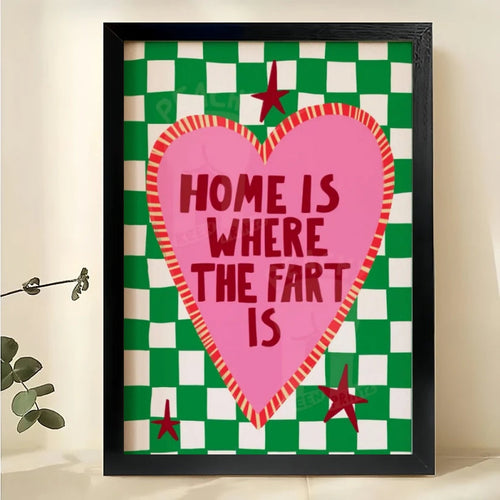 Home is Where the Fart Is – Humorous Retro Heart Wall Art on Natural Wood Canvas
