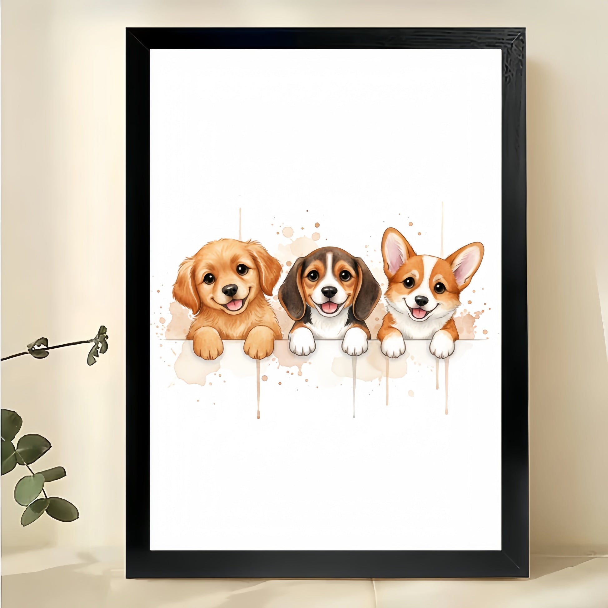 The Watercolor Corgi Trio – Cute Fresh Wall Art on Natural Wood Canvas