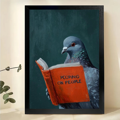 Pigeon Reading “F**king for Pleasure” – Humorous Pop Art Wall Art on Natural Wood Canvas