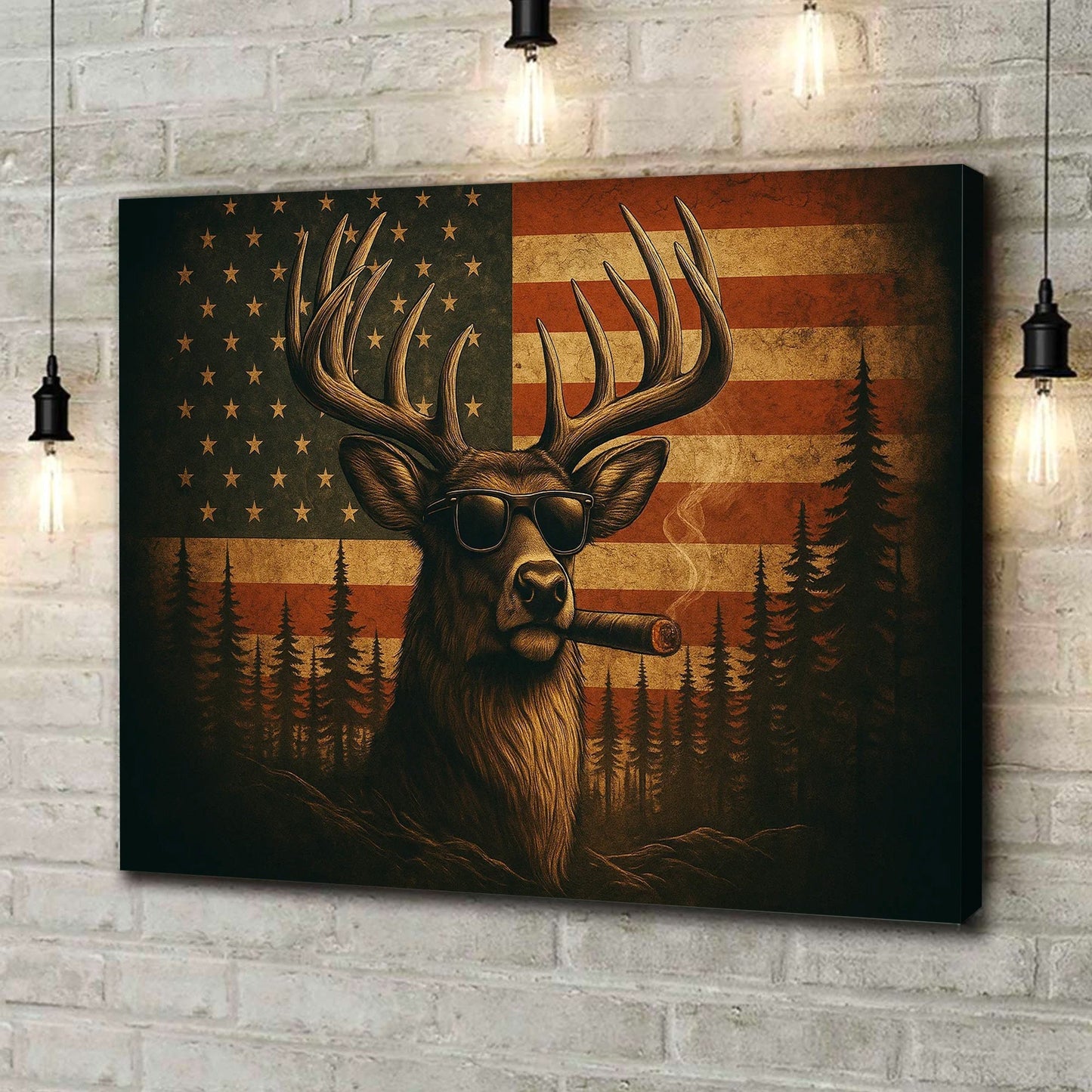 Deer Canvas Wall Art – Cool Buck with Sunglasses and USA Flag Rustic Hunting Lodge Decor
