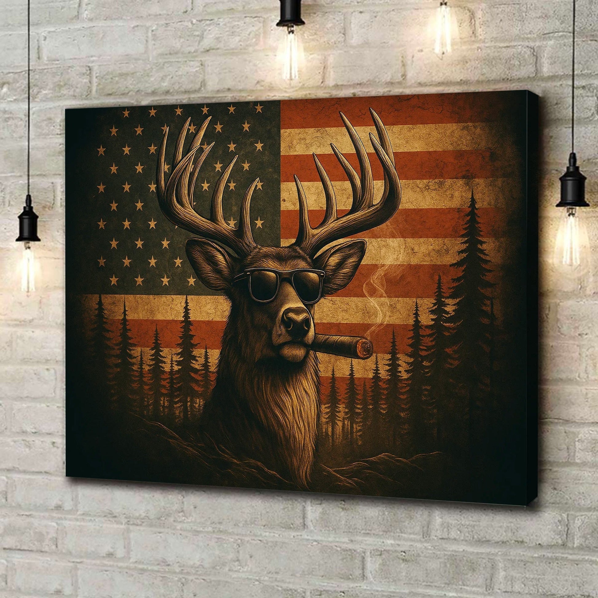 Deer Canvas Wall Art – Cool Buck with Sunglasses and USA Flag Rustic Hunting Lodge Decor