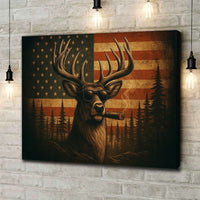Deer Canvas Wall Art – Cool Buck with Sunglasses and USA Flag Rustic Hunting Lodge Decor