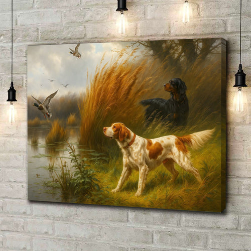 Hunting Dogs and Mallards Canvas Wall Art – Rustic Wildlife Scene – Perfect Lodge or Cabin Decor