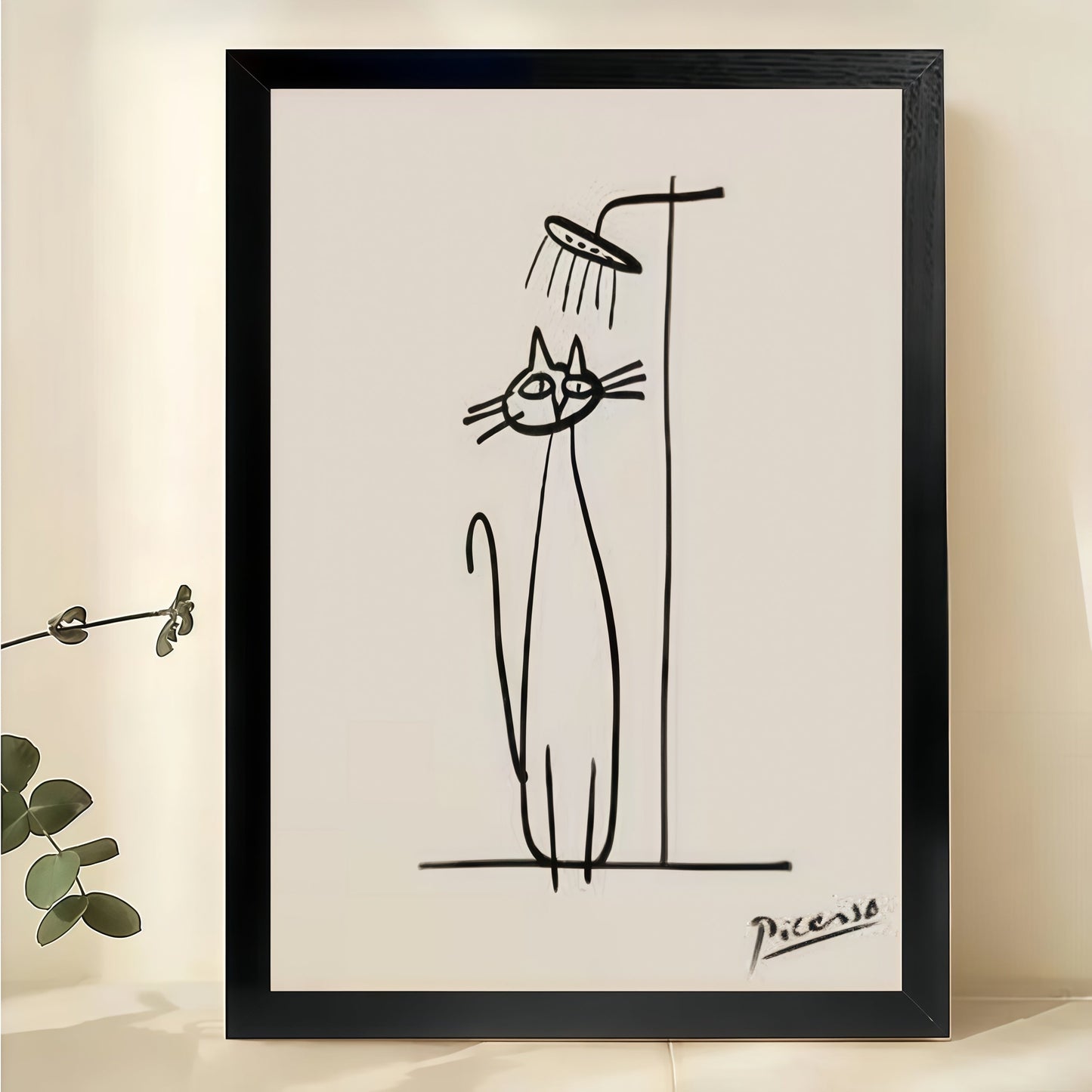 Picasso Cat Showering – Minimalist Bathroom Line Art Wall Art on Natural Wood Canvas