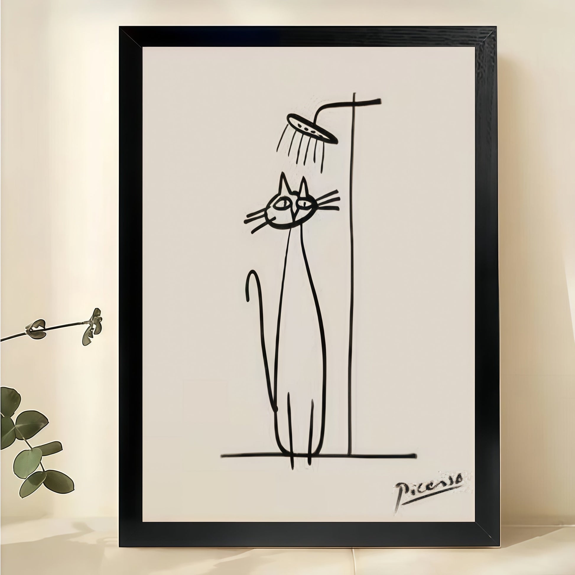 Picasso Cat Showering – Minimalist Bathroom Line Art Wall Art on Natural Wood Canvas