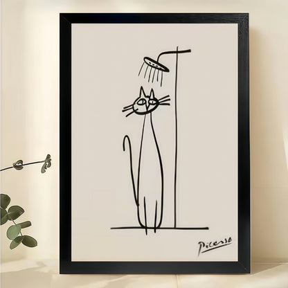 Picasso Cat Showering – Minimalist Bathroom Line Art Wall Art on Natural Wood Canvas