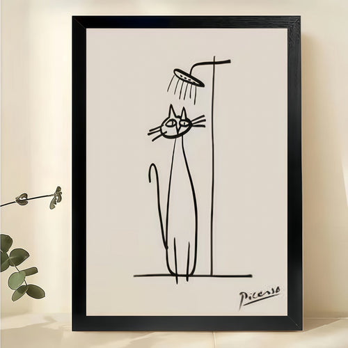 Picasso Cat Showering – Minimalist Bathroom Line Art Wall Art on Natural Wood Canvas