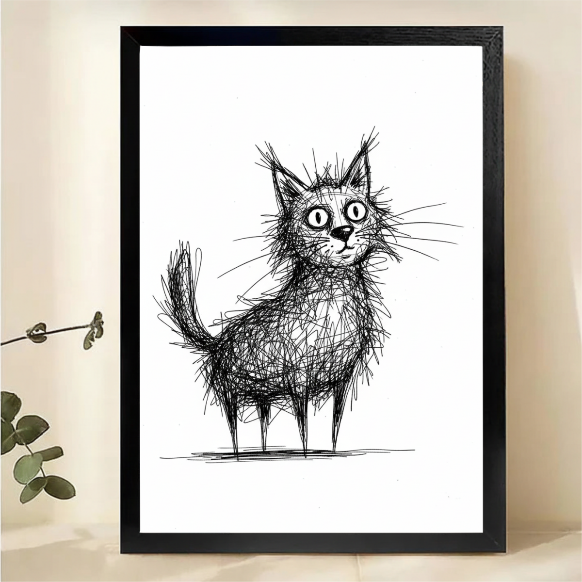 Scruffy Cat Sketch Wall Art - Quirky Line Drawing Print