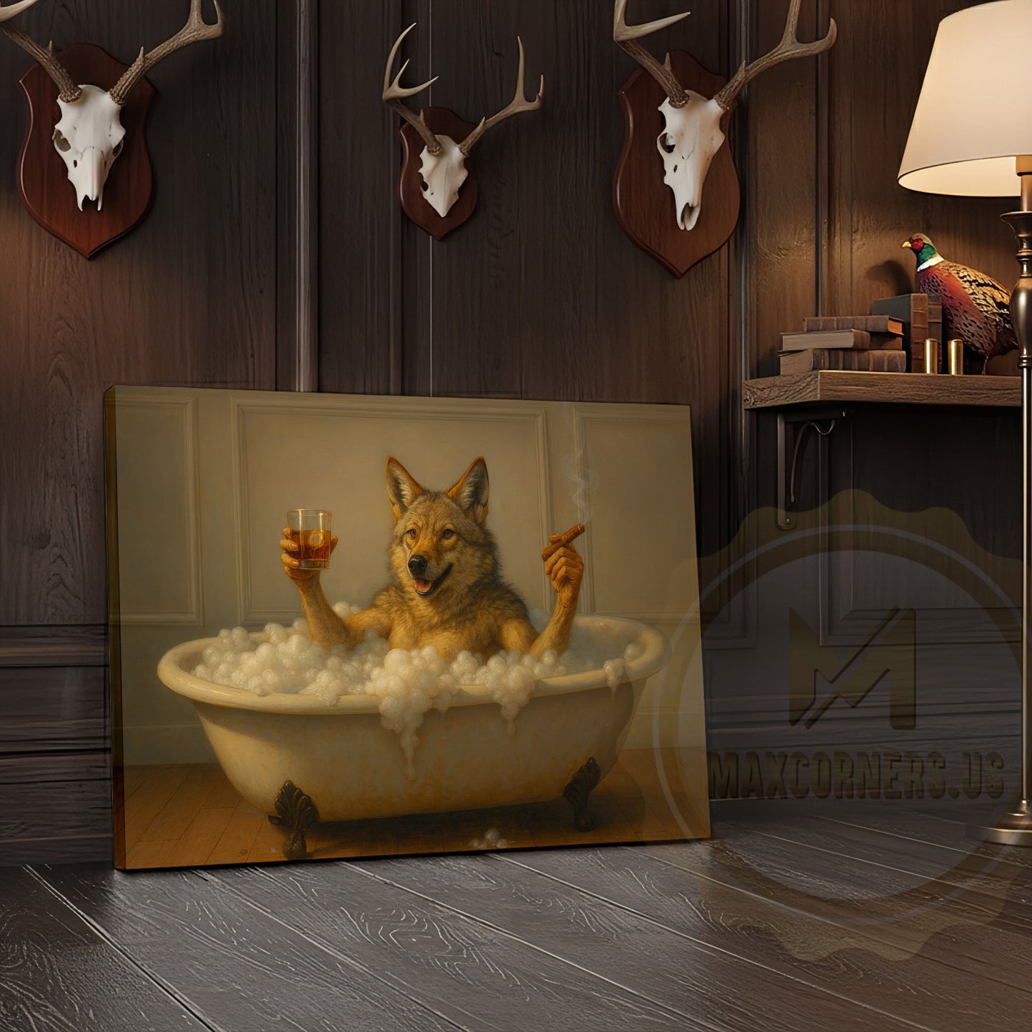 Deer Drinking Coffee in Robe and Glasses Wrapped Canvas