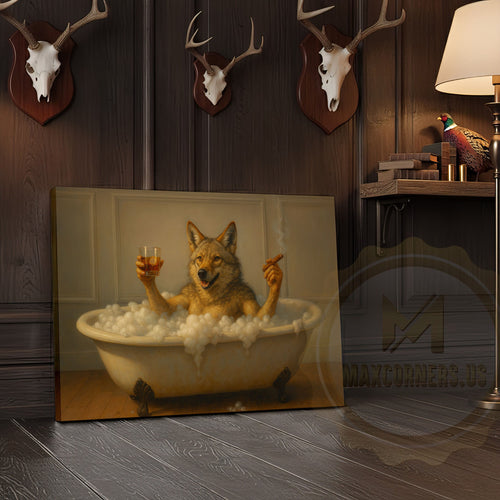 Deer Drinking Coffee in Robe and Glasses Wrapped Canvas