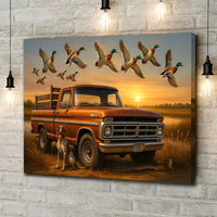 Rustic Hunting Canvas Wall Art – Vintage Pickup Truck with Hunting Dog & Flying Mallard Ducks at Sunset – Lodge Cabin De