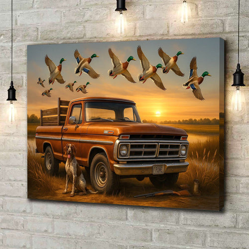 Rustic Hunting Canvas Wall Art – Vintage Pickup Truck with Hunting Dog & Flying Mallard Ducks at Sunset – Lodge Cabin De