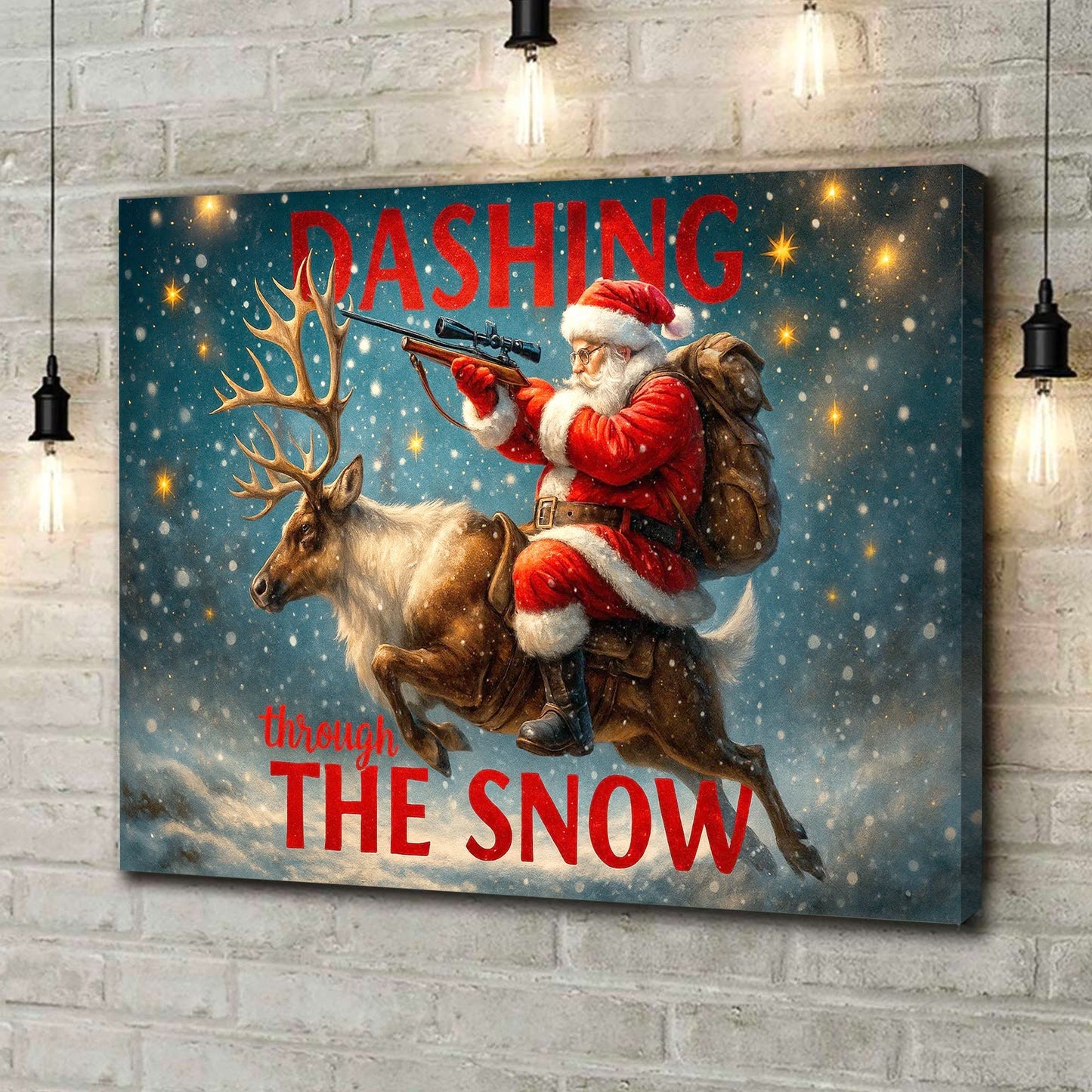 Santa Riding Reindeer Canvas Wall Art, Funny Christmas Decor, Rustic Winter Cabin Decoration for Holiday Lovers