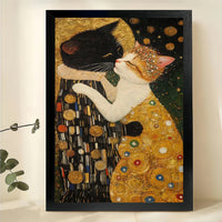 Gustav Klimt Cat The Kiss – Art Nouveau Cat Wall Art on Natural Wood Canvas