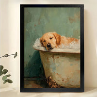 Golden Retriever Bath Time Wall Art – Cute Relaxed Dog Bathtub Framed Canvas Painting