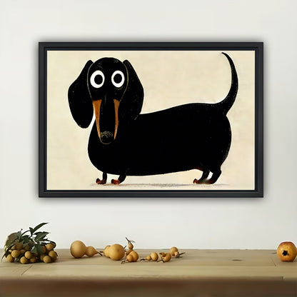 Whimsical Black Dachshund Cartoon Canvas - Quirky Wiener Dog Wall Decor