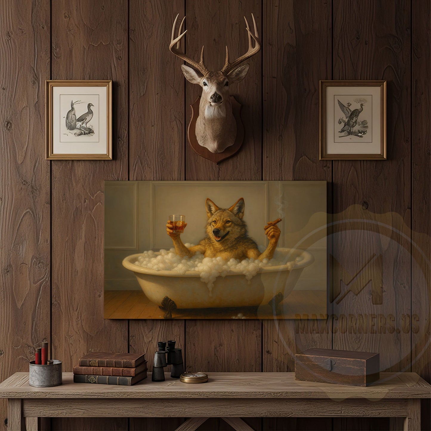 Deer Drinking Coffee in Robe and Glasses Wrapped Canvas