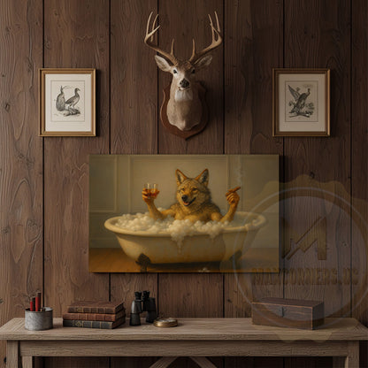 Deer Drinking Coffee in Robe and Glasses Wrapped Canvas
