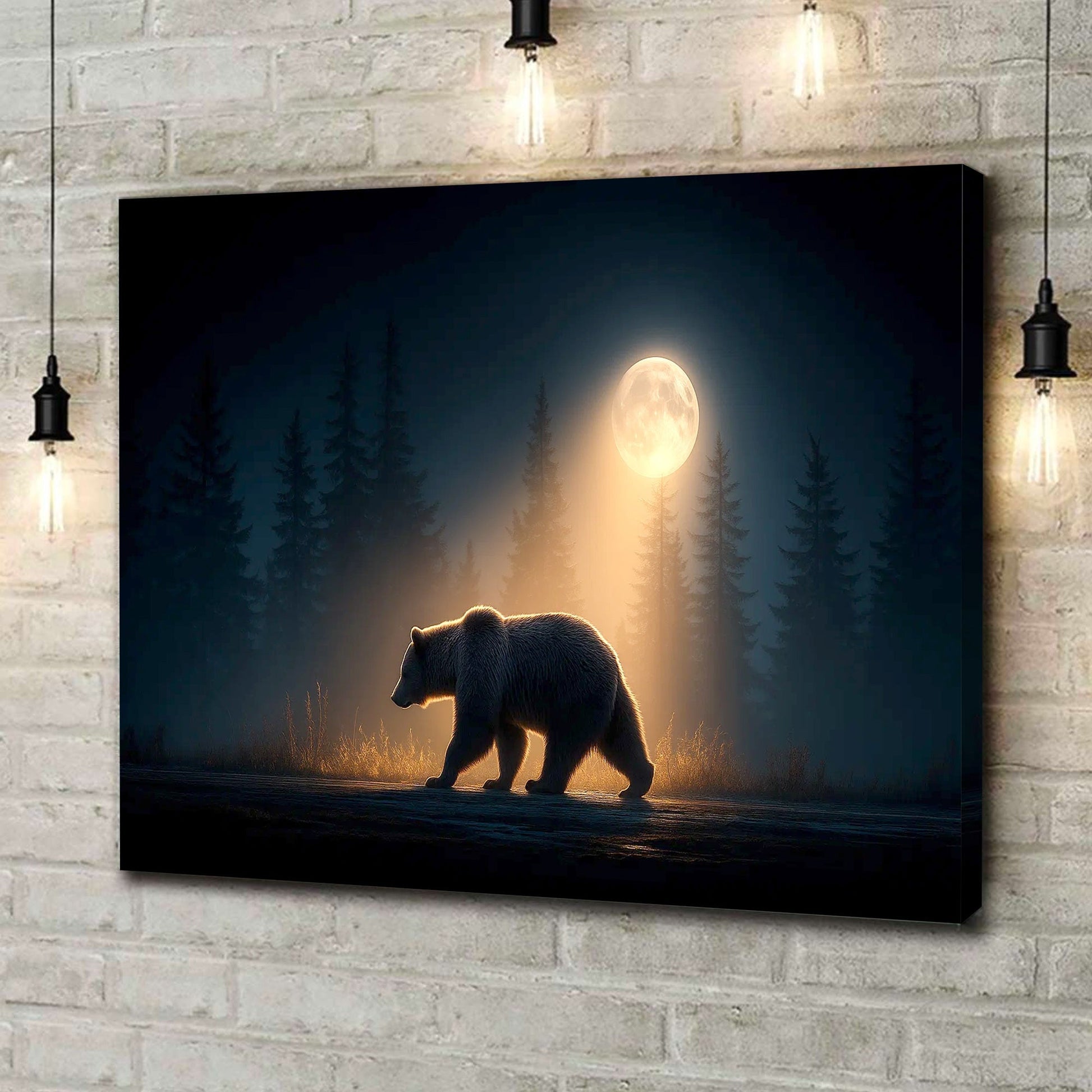 Bear Canvas Wall Art – Majestic Grizzly Walking Under Full Moon in Forest – Rustic Wildlife Lodge & Cabin Decor