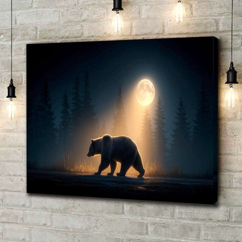 Bear Canvas Wall Art – Majestic Grizzly Walking Under Full Moon in Forest – Rustic Wildlife Lodge & Cabin Decor