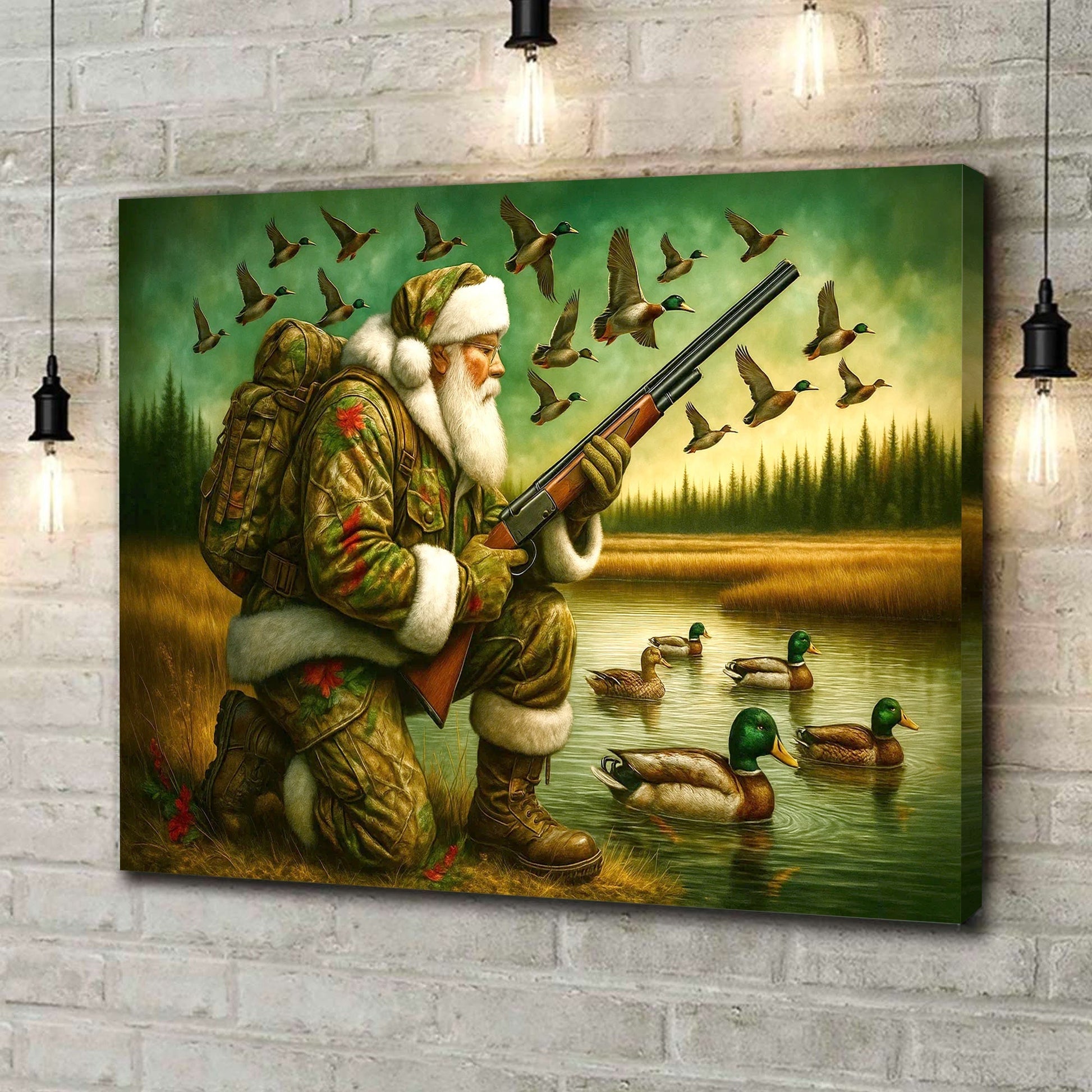 Santa Duck Hunting Canvas Wall Art, Rustic Christmas Cabin Decor, Outdoor Waterfowl Hunter Gift for Holiday Season