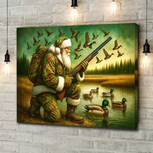 Santa Duck Hunting Canvas Wall Art, Rustic Christmas Cabin Decor, Outdoor Waterfowl Hunter Gift for Holiday Season