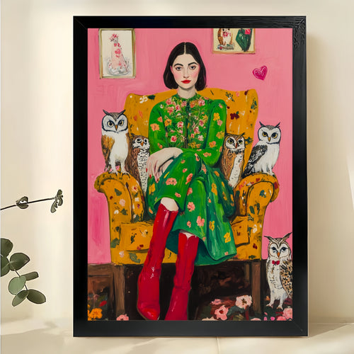 The Bohemian Cat Lady – Vibrant Retro Wall Art on Natural Wood Canvas