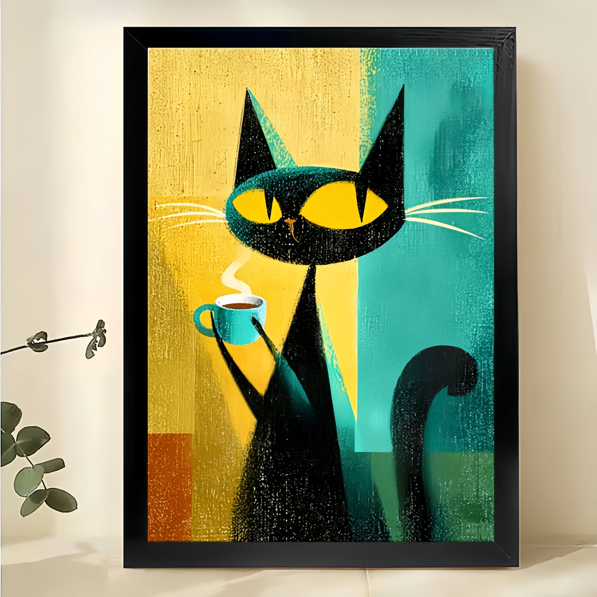 Retro Color-Block Black Cat with Coffee Cup Illustration – Cozy Vintage Wall Art on Natural Wood Canvas