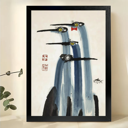 Whimsical Flying Birds – Japanese Ink Wash Style Wall Art on Natural Wood Canvas