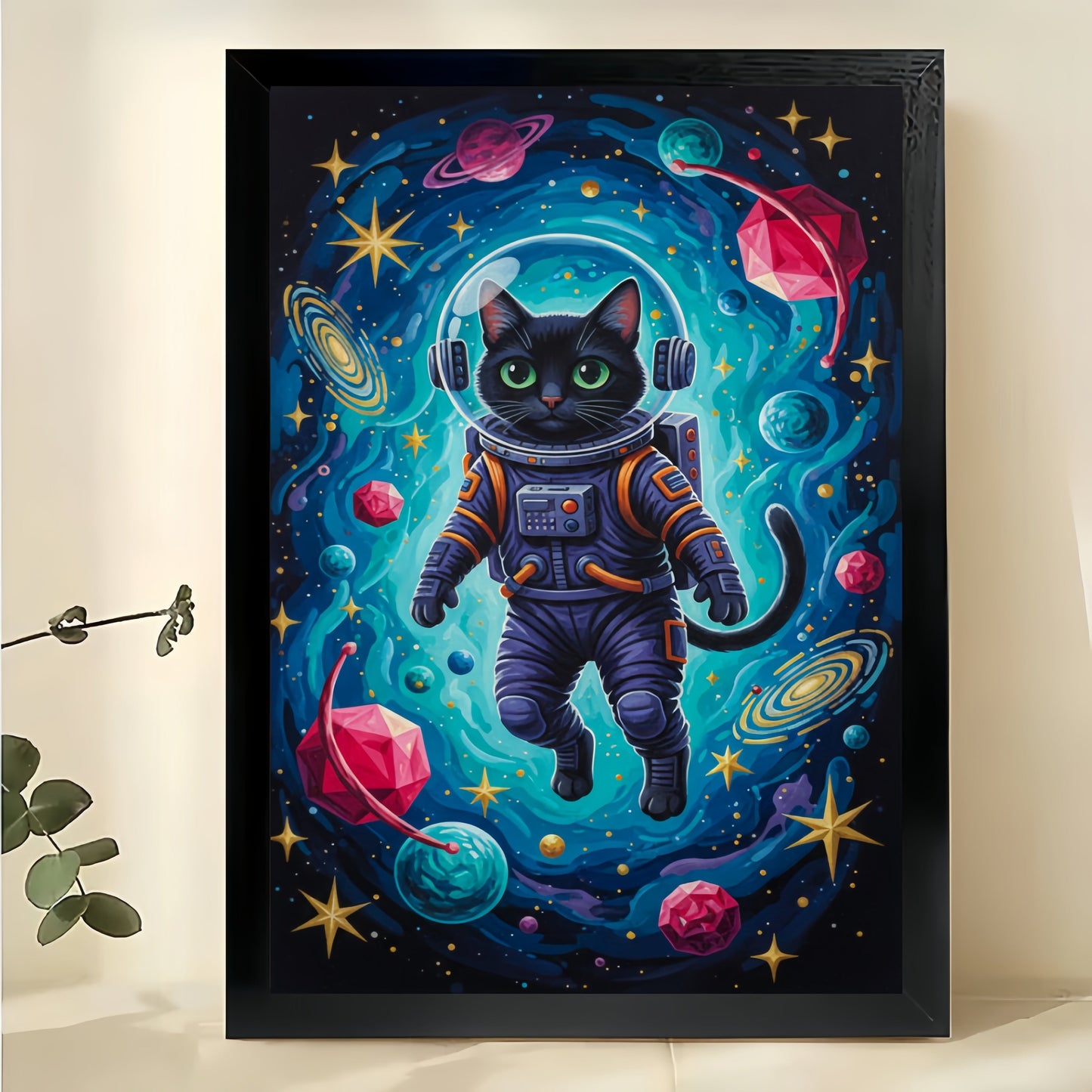 Astronaut Black Cat in Cosmic Space – Sci-Fi Whimsical Wall Art on Natural Wood Canvas