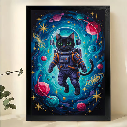 Astronaut Black Cat in Cosmic Space – Sci-Fi Whimsical Wall Art on Natural Wood Canvas