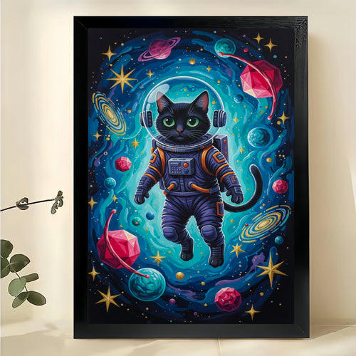 Astronaut Black Cat in Cosmic Space – Sci-Fi Whimsical Wall Art on Natural Wood Canvas