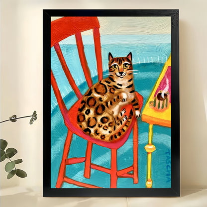 Bengal Cat on Red Chair by the Sea – Whimsical Coastal Wall Art on Natural Wood Canvas