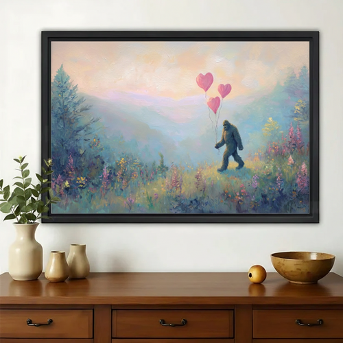 Bigfoot with Pink Balloons Wall Art – Whimsical Forest Bigfoot Canvas Print on Natural Wood Frame