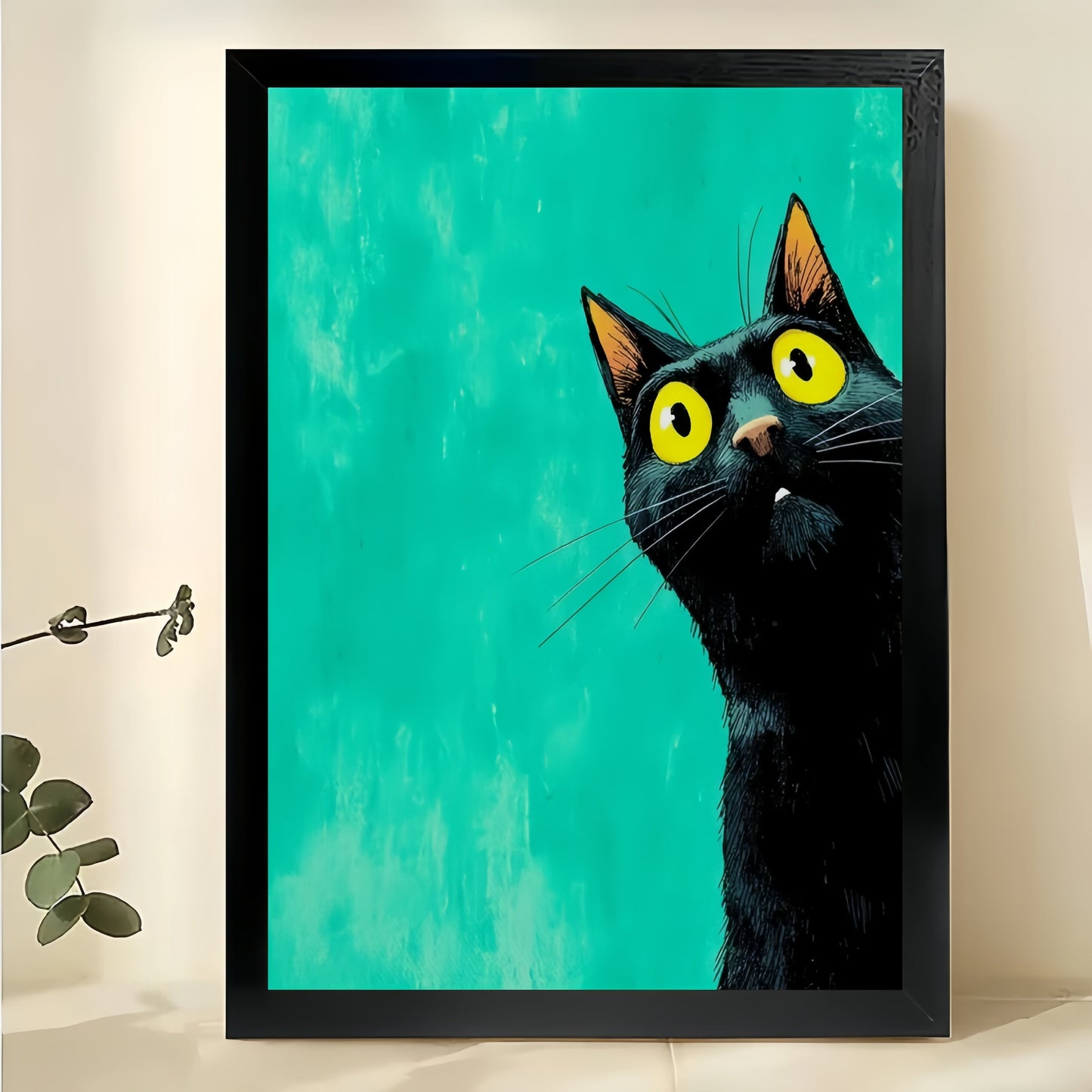The Green-Background Big-Eyed Black Cat – Minimalist Cute Wall Art on Natural Wood Canvas
