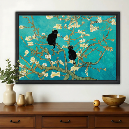 Black Cats on Van Gogh Almond Blossom – Artistic Floral Pet Wall Art on Natural Wood Canvas