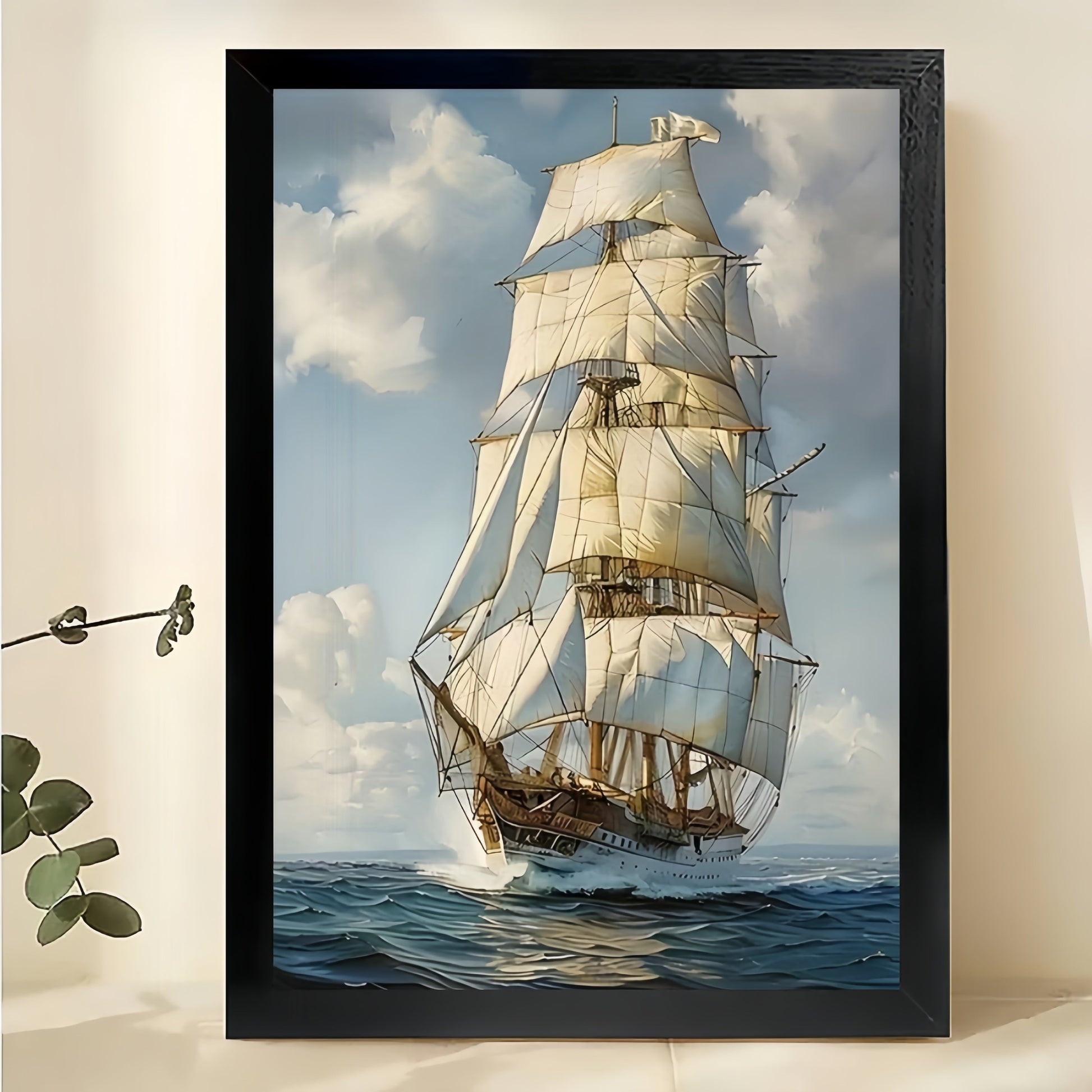 The Realistic Sailing Ship Seascape – Nautical Classic Wall Art on Natural Wood Canvas