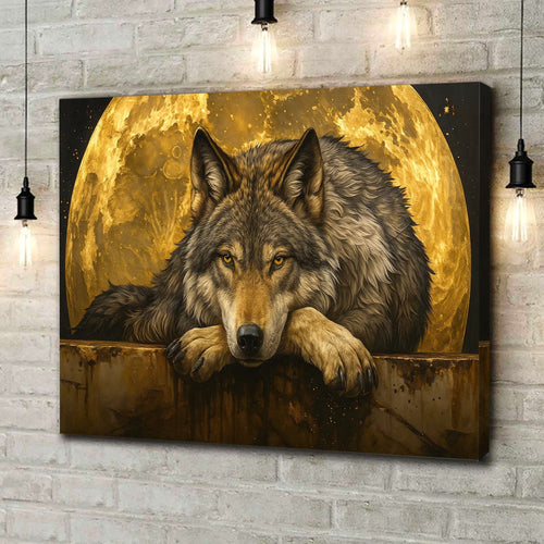 Wolf Canvas Wall Art – Majestic Wolf with Full Moon – Rustic Wildlife Decor for Cabin, Lodge, and Nature Lovers