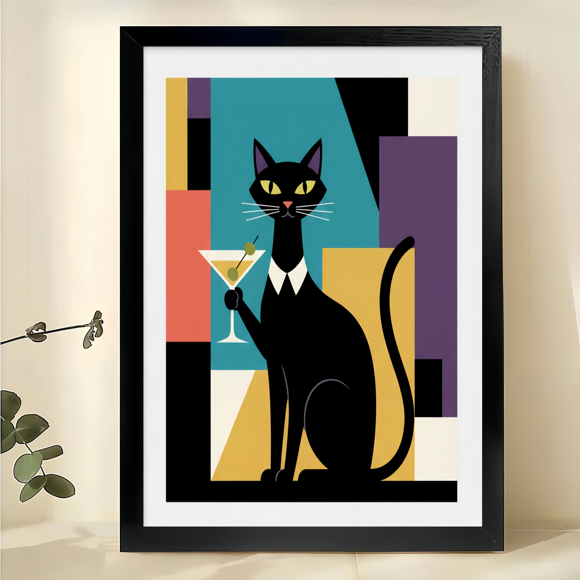 The Geometric Black Cat – Modern Mondrian-Style Wall Art on Natural Wood Canvas