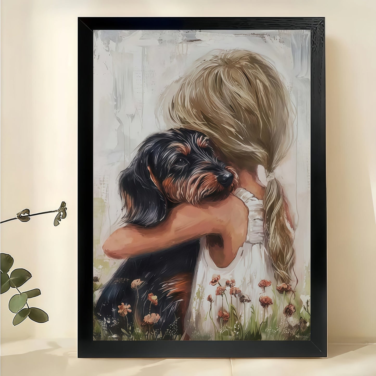 Girl Hugging Dachshund in Wildflowers – Heartwarming Pet Wall Art on Natural Wood Canvas