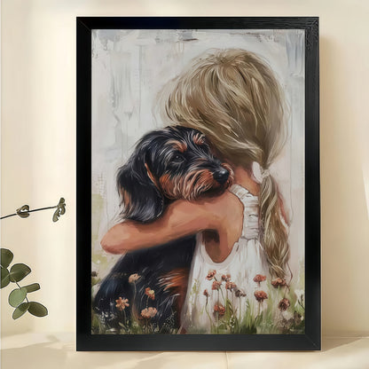 Girl Hugging Dachshund in Wildflowers – Heartwarming Pet Wall Art on Natural Wood Canvas