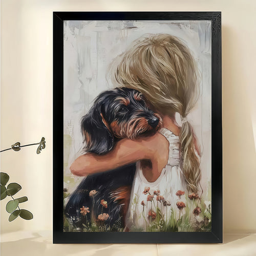 Girl Hugging Dachshund in Wildflowers – Heartwarming Pet Wall Art on Natural Wood Canvas