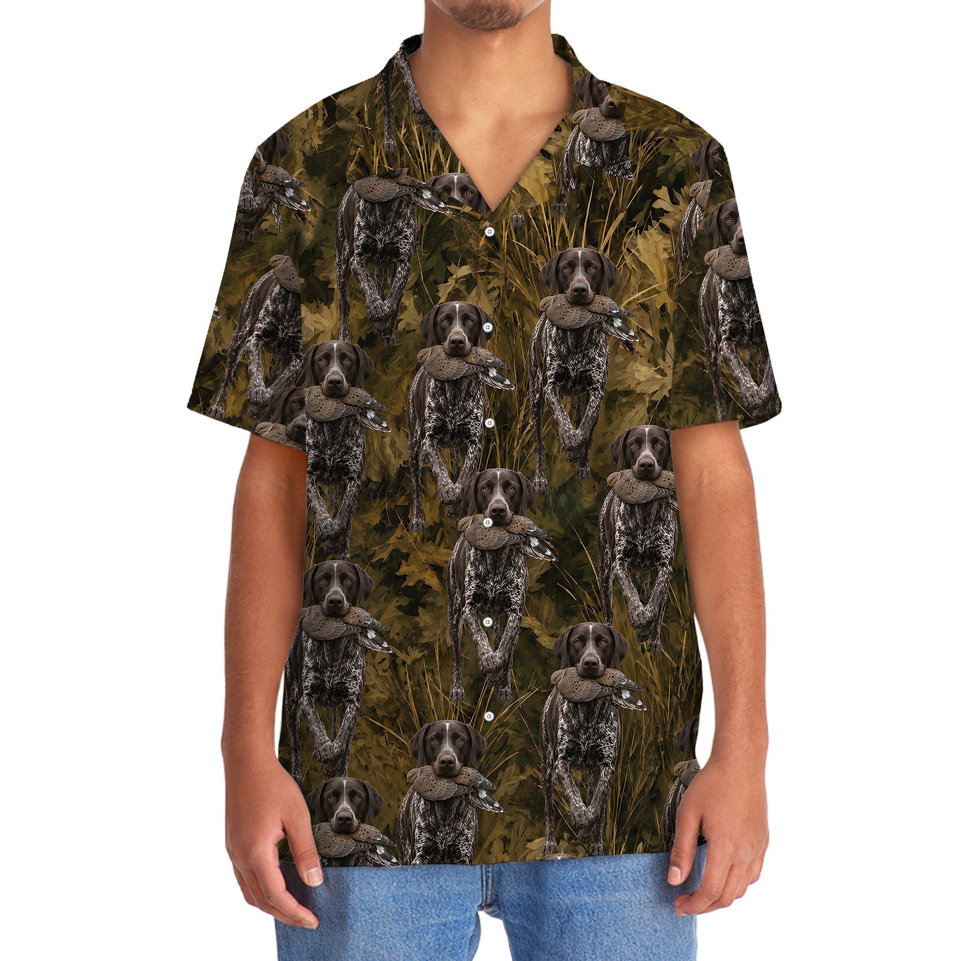 Camouflage German Shorthaired Pointer Running With Mourning Dove Hawaiian Shirt