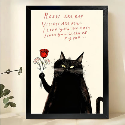 Black Cat with Rose & Romantic Poem – Humorous Valentine’s Wall Art on Natural Wood Canvas