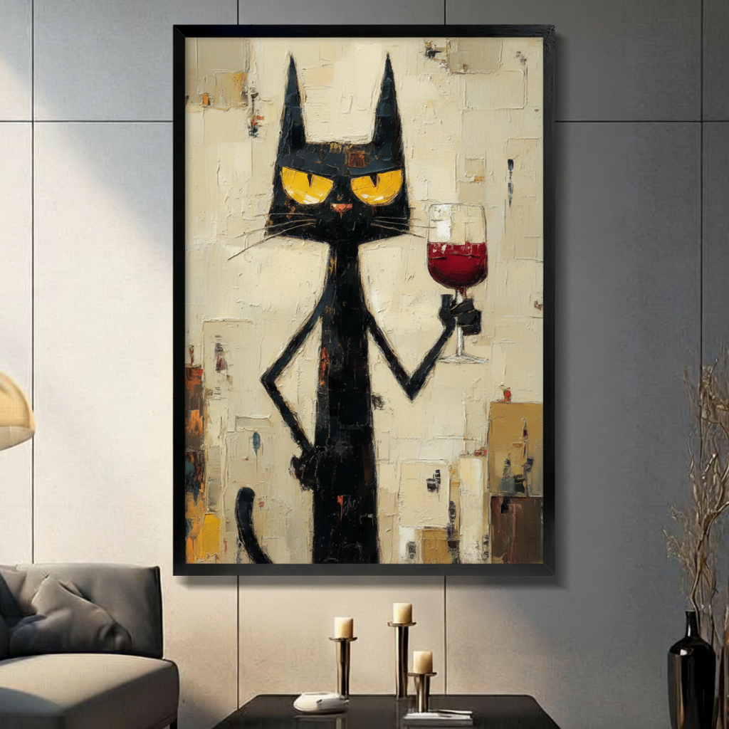 Black Cat Red Wine Impasto Canvas Wall Art