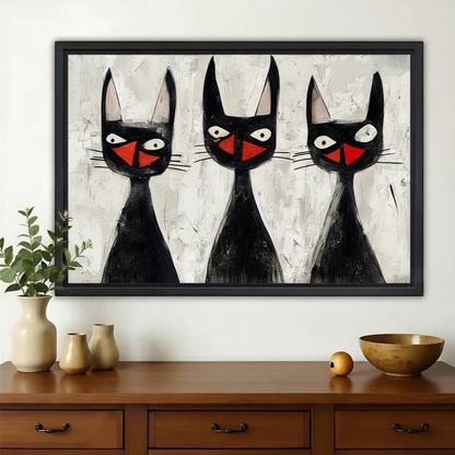 Three Black Cats with Red Noses – Retro Abstract Wall Art on Natural Wood Canvas